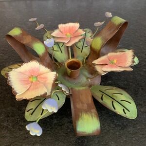 VTG Tole Metal Flower Candle Holder Pink Green Hand Painted Floral Centerpiece‎